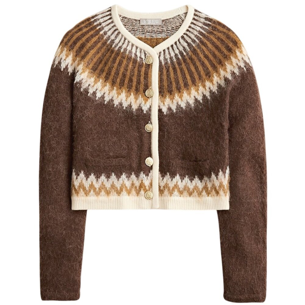 J Crew Brushed Yarn Fair Isle Cardigan Crop Sweater S Brown Cream Mohair